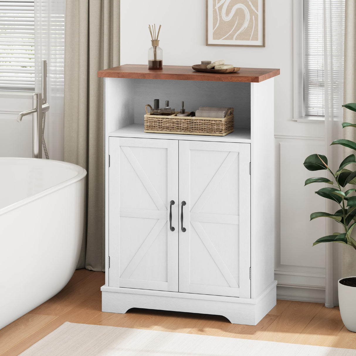 Smuxee Freestanding Cabinet Organizer, Farmhouse Style with Barn Door and Adjustable Shelf, White, for Bathroom, Kitchen, Living Room Smuxee