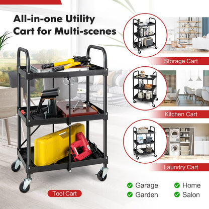 IRONMAX Folding Tool Cart on Wheels, Heavy Duty 3 Tier Foldable Utility Cart w/ 4 Universal Wheel & Compartments, Lightweight Collapsible Service - WoodArtSupply