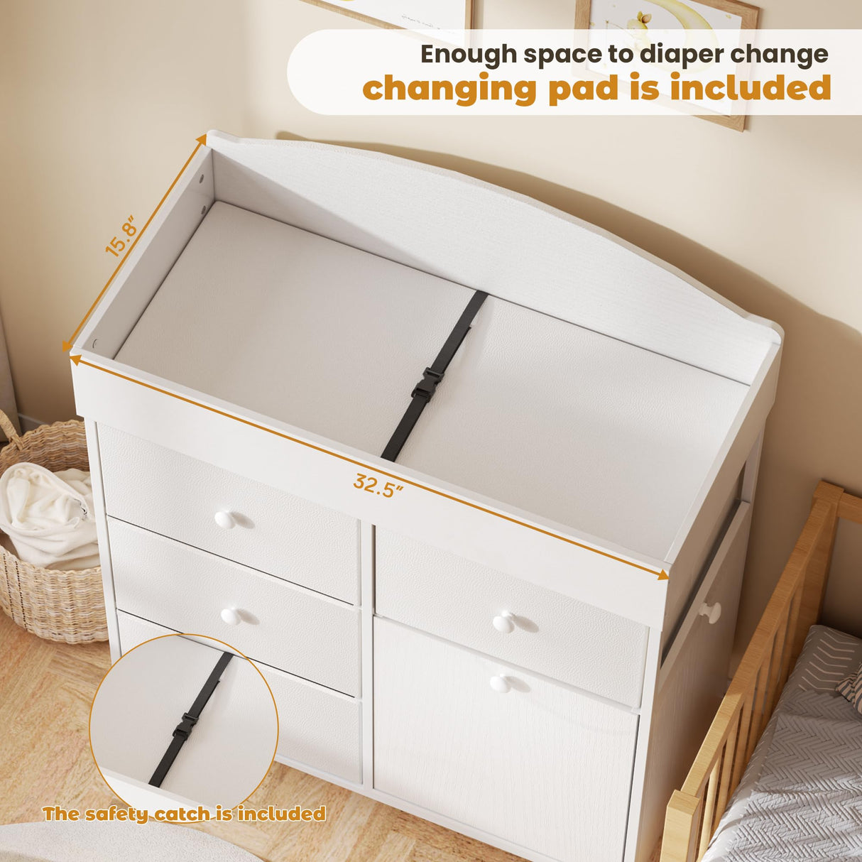 DTK Baby Dresser with Changing Table Top,4-Drawers Changing Table Dresser with Tile-Out Trash Cabinet and Pull-Out Shelf,Diaper Changing Station with Waterproof Pad and Storage for Nursery,White DTK