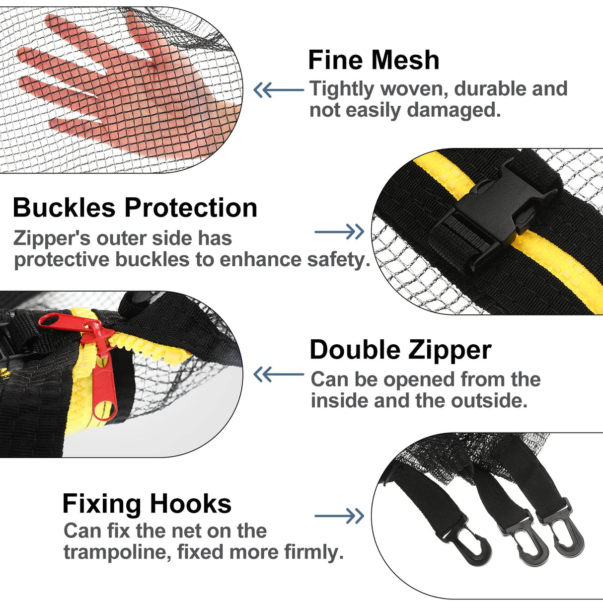 12ft Trampoline Net - Replacement Enclosure Safety Net for 8 Poles Round Frames Trampoline with Double Zipper and Protection Buckles Biggun