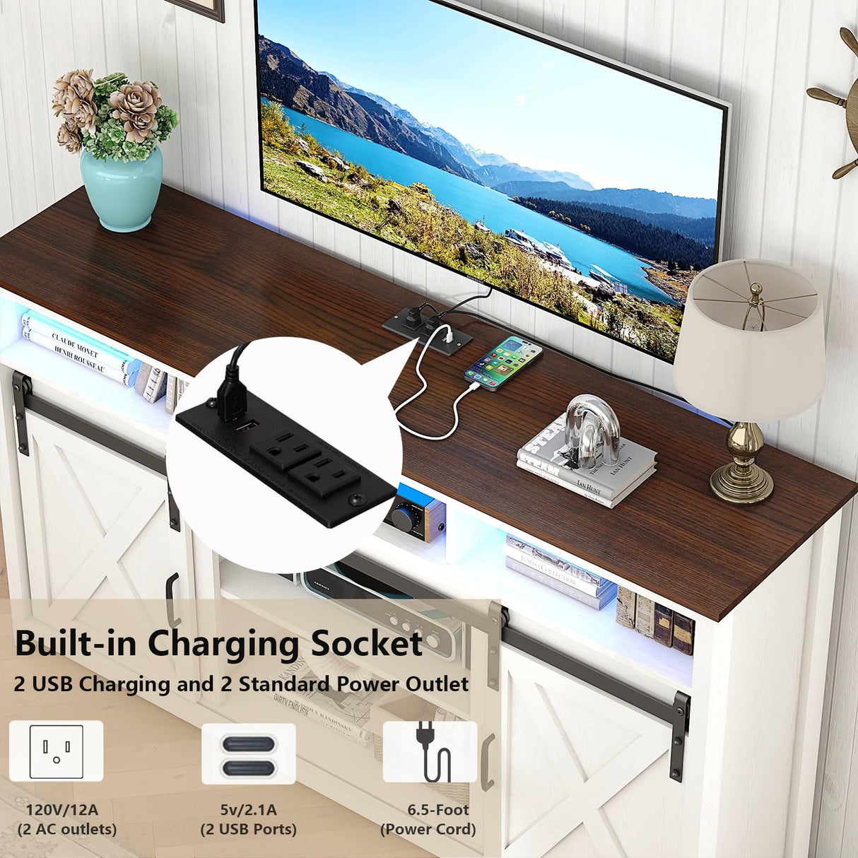 Vinctik 6&Fox 57” Wooden Farmhouse TV Stand for 60/65 inch TV,Double Layer Storage Entertainment Center TV Console Table,w Double-Row Sockets and 2 Sliding Barn Door,Media Cable Box(White) Vinctik 6&Fox