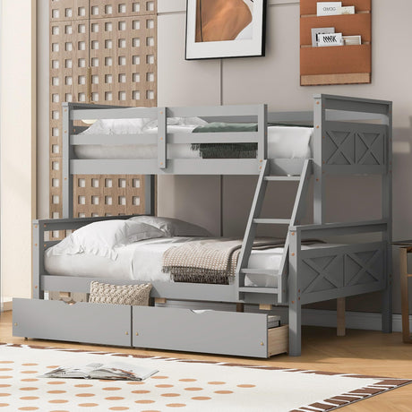 Merax Twin Over Full Bunk Bed with Storage Drawers, Ladder & Safety Guardrail, Convertible Wood Platform Bed Frame for Kids and Adults, No Box Spring Needed, Easy Assembly, Grey Merax
