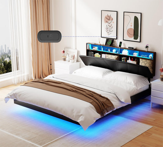 DYHOME Queen Floating Bed Frame with Storage Headboard, LED Lights & Charging Station - Black PU Leather - WoodArtSupply