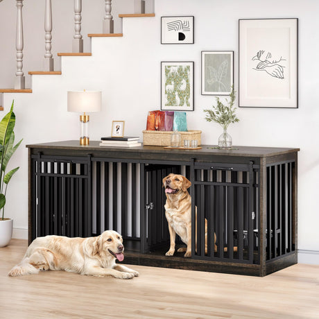 DWVO 71" Double Dog Crate Furniture for 2 Medium Dogs, Heavy Duty Wood Dual Dog Kennel TV Stand with Sliding Doors, Decorative Wooden 2 Dog Cage Table with Dog Bowls for Extra Large Dogs Black Oak DWVO