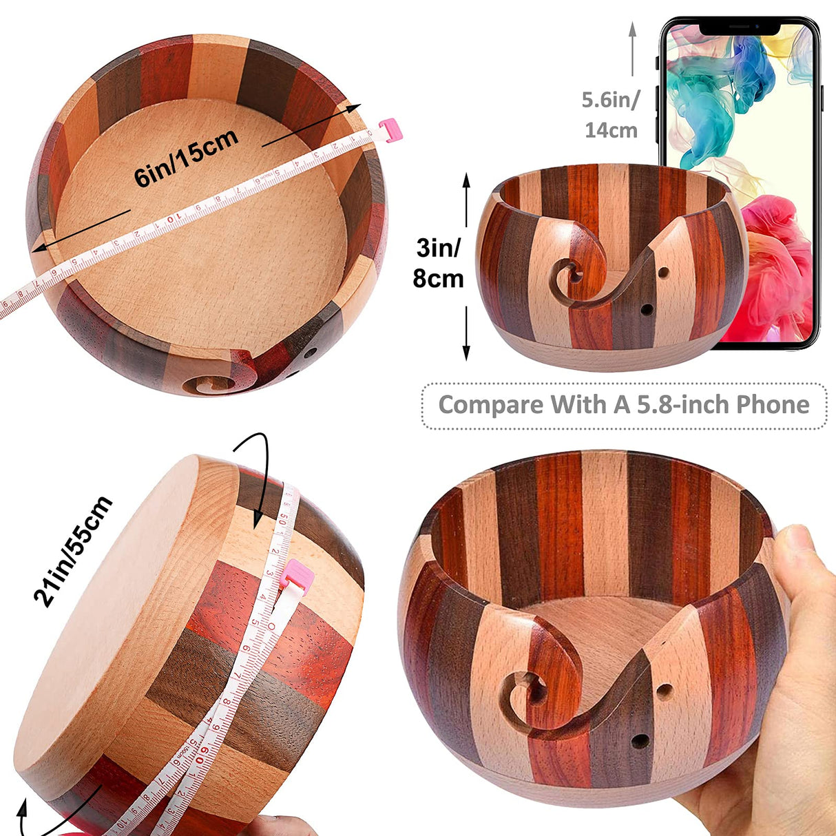 Coopay Wool Yarn Bowl Rosewood, Handmade Wooden Yarn Storage Bowl With Holes, Knitting Wool Storage Bowl Round - Ideal Knitting Crochet Accessories for Knitters Coopay