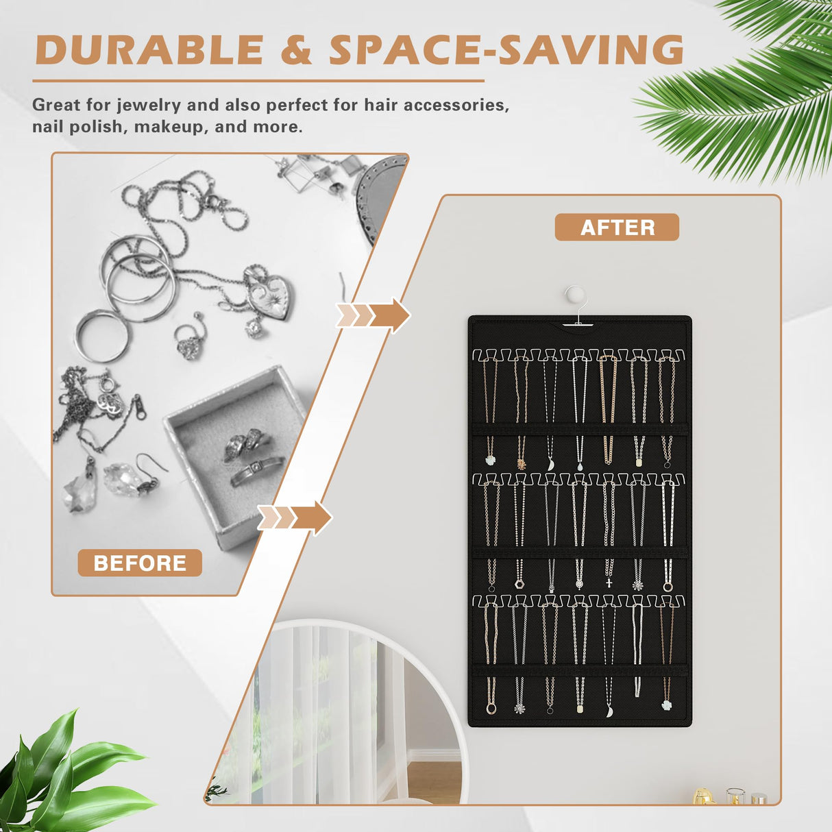 Bosuelife Hanging Jewelry Organizer Storage Roll, Double-Sided Necklaces Holder, 42 Pockets Plus 36 hooks Earrings Organizer Hang in Closet, On Wall, or Doors, Black Bosuelife