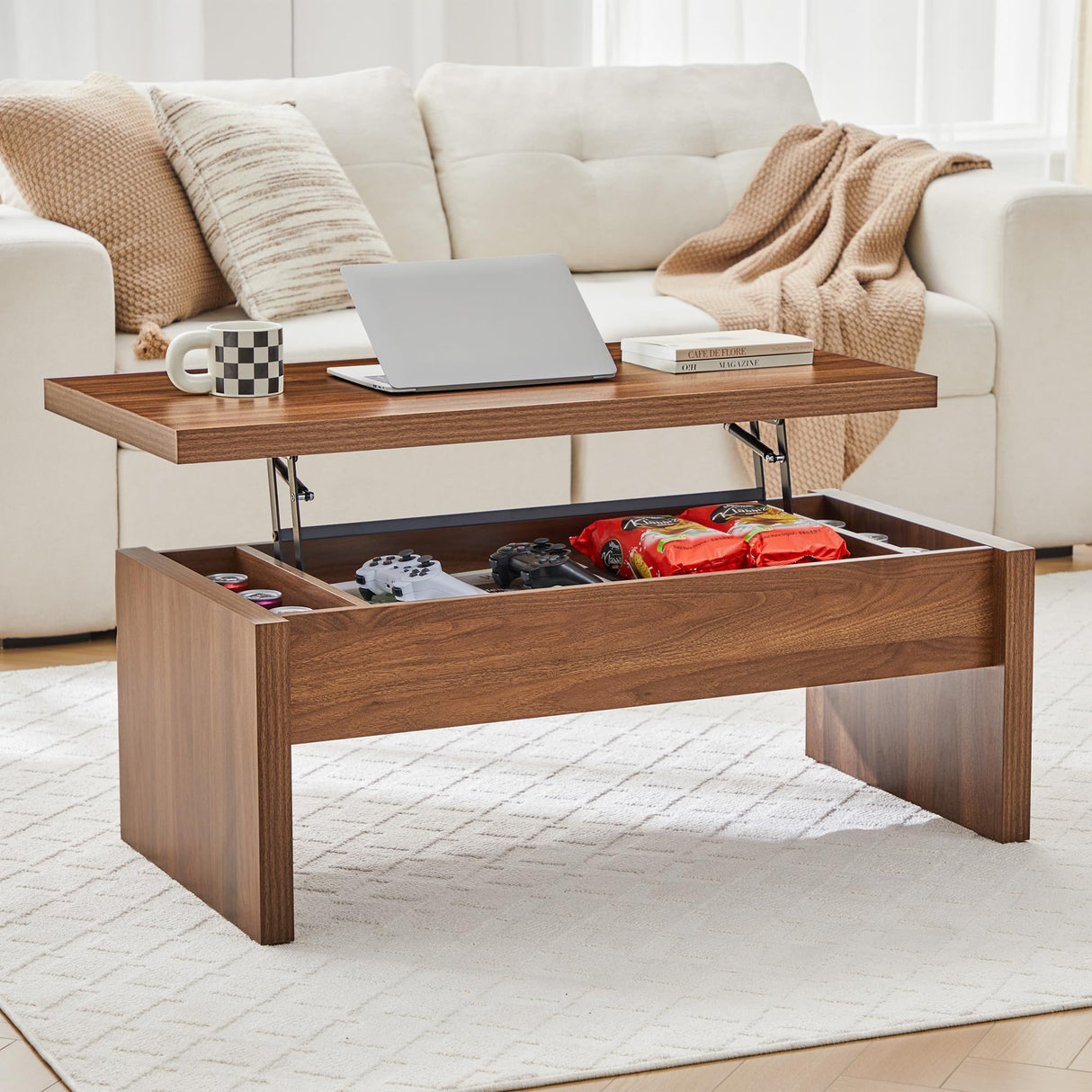 Small Lift Top Coffee Table, Wood Rectangle Coffee Table with Lifting Top and Hidden Storage Compartment, Mid Century Modern Center Tables for Small Space, Living Room, Office (Walnut) QHITTY