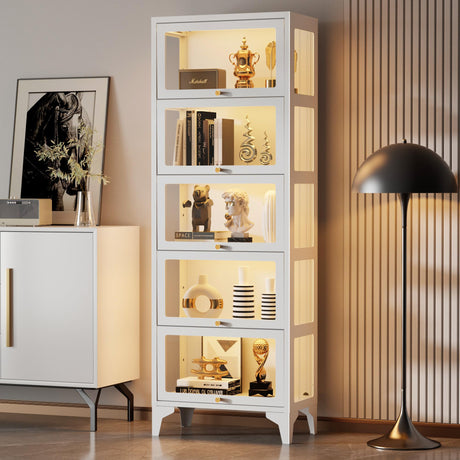 Lucky Monet Curio Display Cabinet with 13 Color Lights, 67" 5-Tier Glass Display Cases for Collectibles, Metal Display Shelf with 3 Side Glass, Figure Storage Cabinet, White (White, 5-Tier) Lucky Monet