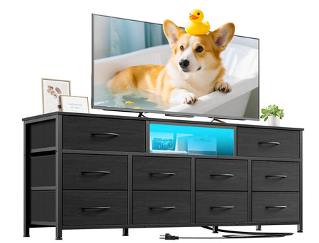 Furnulem 55” Long Dresser for Bedroom, TV Stand for 55 to 65 inch TV, Black Dresser with 10 Fabric Drawers, Chest of Drawer for Closet, Entertainment Center with Power Outlet & LED Light Furnulem