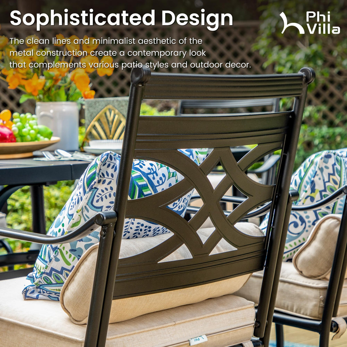PHI VILLA Outdoor Patio Dining Set for 6 People with 15ft Umbrella(Beige),Includes 6 Outdoor Swivel Chairs with Cushions and a Metal Rectangular Table, Perfect for Garden, Lawn, or Deck PHI VILLA
