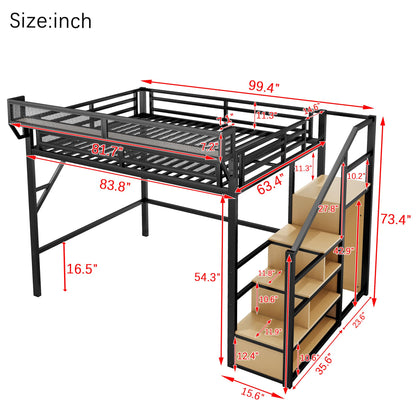 SOFTSEA Queen Size Loft Bed with Storage Stairs, Heavy Duty Metal Loft Bed with Storage Wardrobe and Shelves for Adults Teens Kids, Space Saving Bed Frame with Guardrail, Black