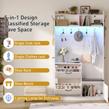 Maupvit Entryway Hall Tree with Bench and Shoe Storage, 5-in-1 Narrow Hall Tree with LED Light, Cushioned Stool & 9 Hooks, 2 Flip Drawers, 78" Coat Shoe Rack for Mudroom, Hallway, Living Room, White Maupvit