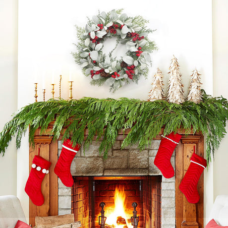 19'' Christmas Wreaths for Front Door, Aesthete Lambs Ear Wreath with Red Berries Pinecone Decor for Indoor Outdoor Christmas New Year Gift Kmise