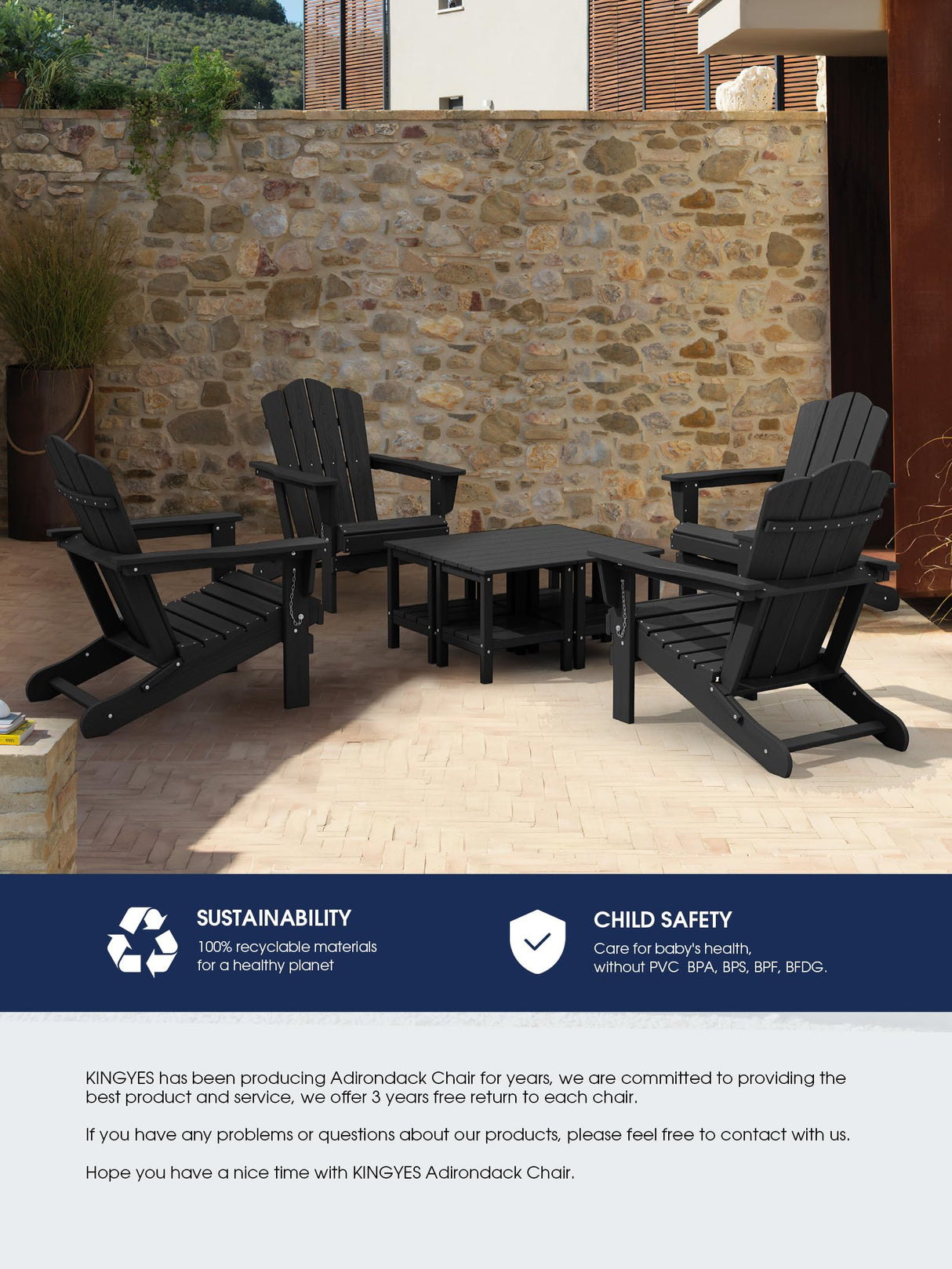 KINGYES Folding Adirondack Chair, HDPE All-Weather Folding Adirondack Chairs, Outdoor Patio Adirondack Chair for Deck Lawn fire pit, Black KINGYES