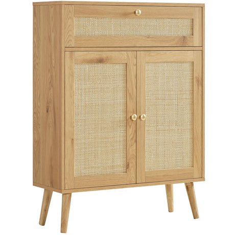 Iwell Storage Cabinet with Rattan Doors, Rattan Cabinet with Large Drawer & Adjustable Shelf, Accent Cabinet for Kitchen, Dining Room, Living Room, Entryway, Natural Iwell
