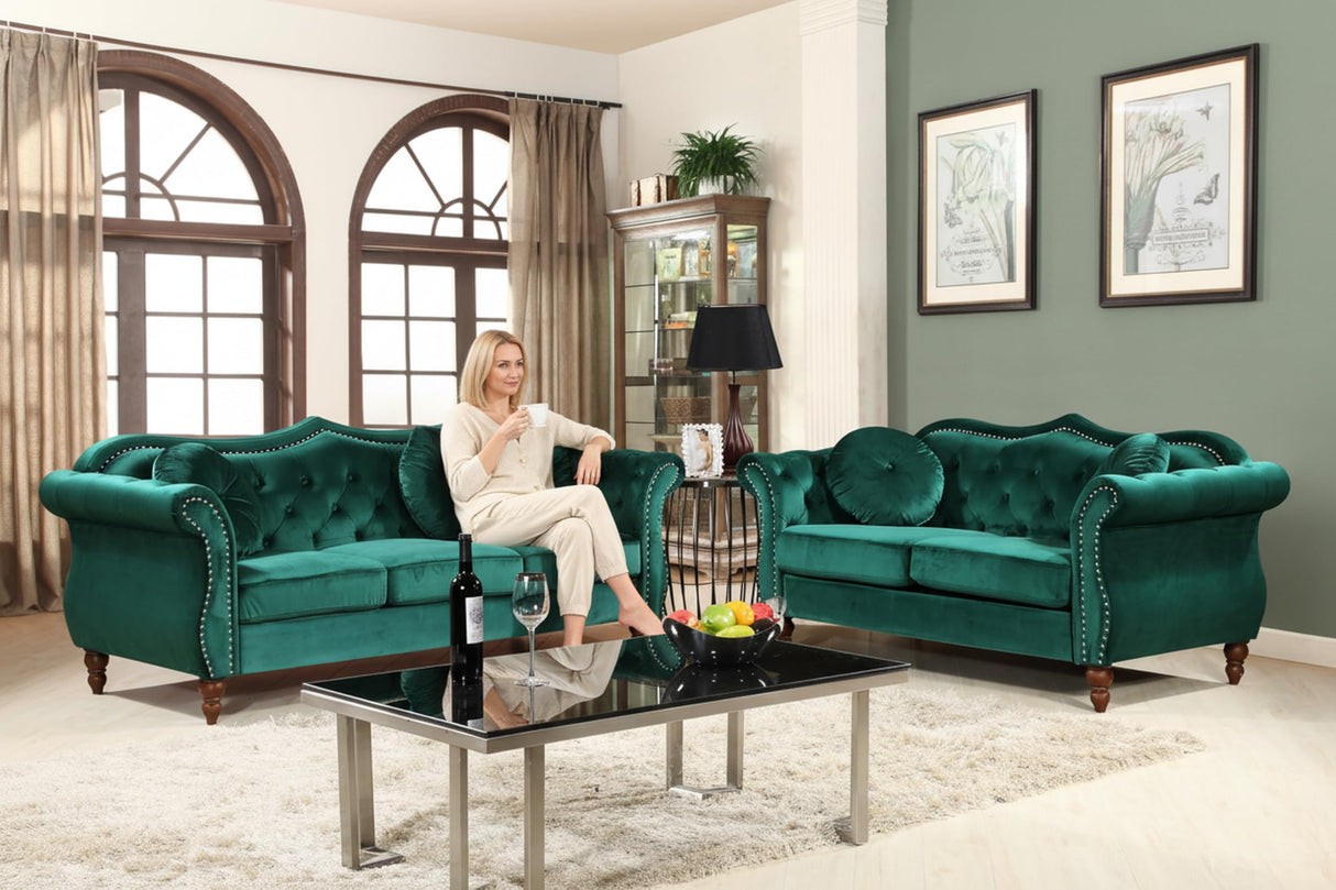 Container Furniture Direct Anna1 Chesterfield Velvet Couches for Living Room, Button Tufted Luxury Upholstery with Rolled Arms, High-Density Foam, Durable Wood Frame, 65.5" Loveseat, Green Container Furniture Direct