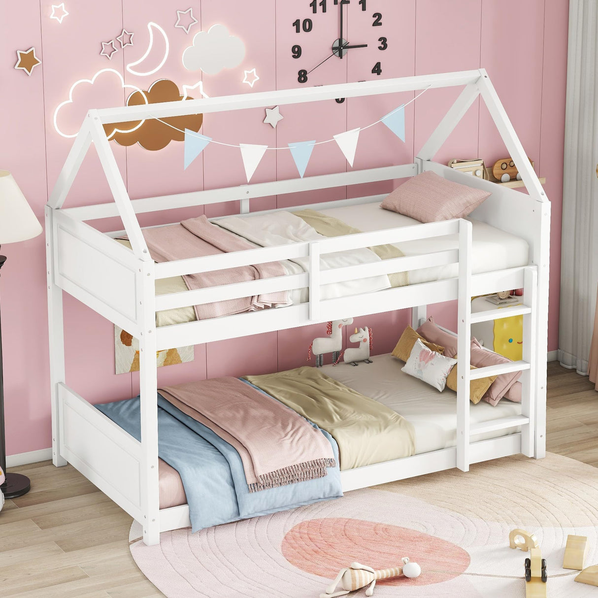 DaiNNCN House Bunk Bed for Kids,Twin Over Twin Bunker Bed with Guardrails and Ladder,Headboard,Footboards,Rubber Wood Bed Frame for Kids,Girls-White DaiNNCN