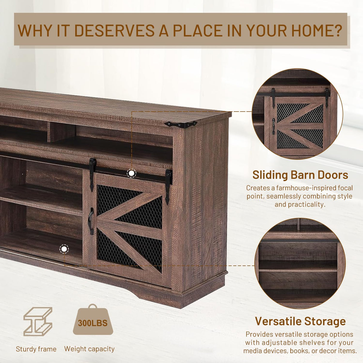 Zanzio XZ0-66TVS Rustic Farmhouse TV Stand, Distressed Brown Zanzio