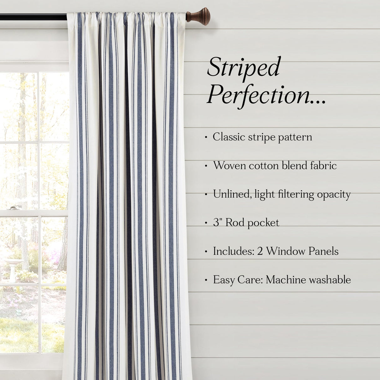 Lush Decor Farmhouse Stripe Yarn Dyed Eco-Friendly Recycled Cotton Window Curtain Panel Pair, 42" W x 95" L, Navy - Classic Modern Rustic Charm - Eco Friendly Cotton Fabric Lush Decor