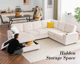PaPaJet U Shaped Couch, 112 Inch Oversized Couch with Storage Chaise, Sectional Sofa with Cup Holders & 2 USB Ports, Corduroy Beige Sofa PaPaJet