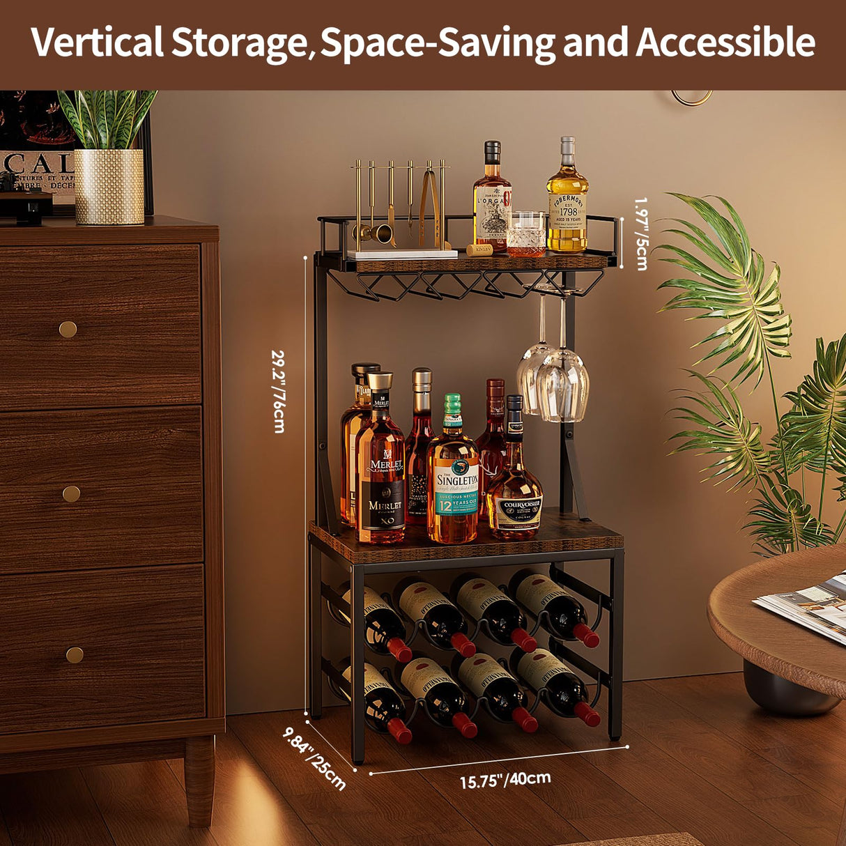 Nuovoware 3-Tier Liquor Cabinet with Wine Rack, Freestanding Liquor Stand with 8-Bottle for Mini Bar, Versatile Wine Rack Freestanding Floor with Tabletop and 8 Glass Holders, Black+Retro Brown Nuovoware