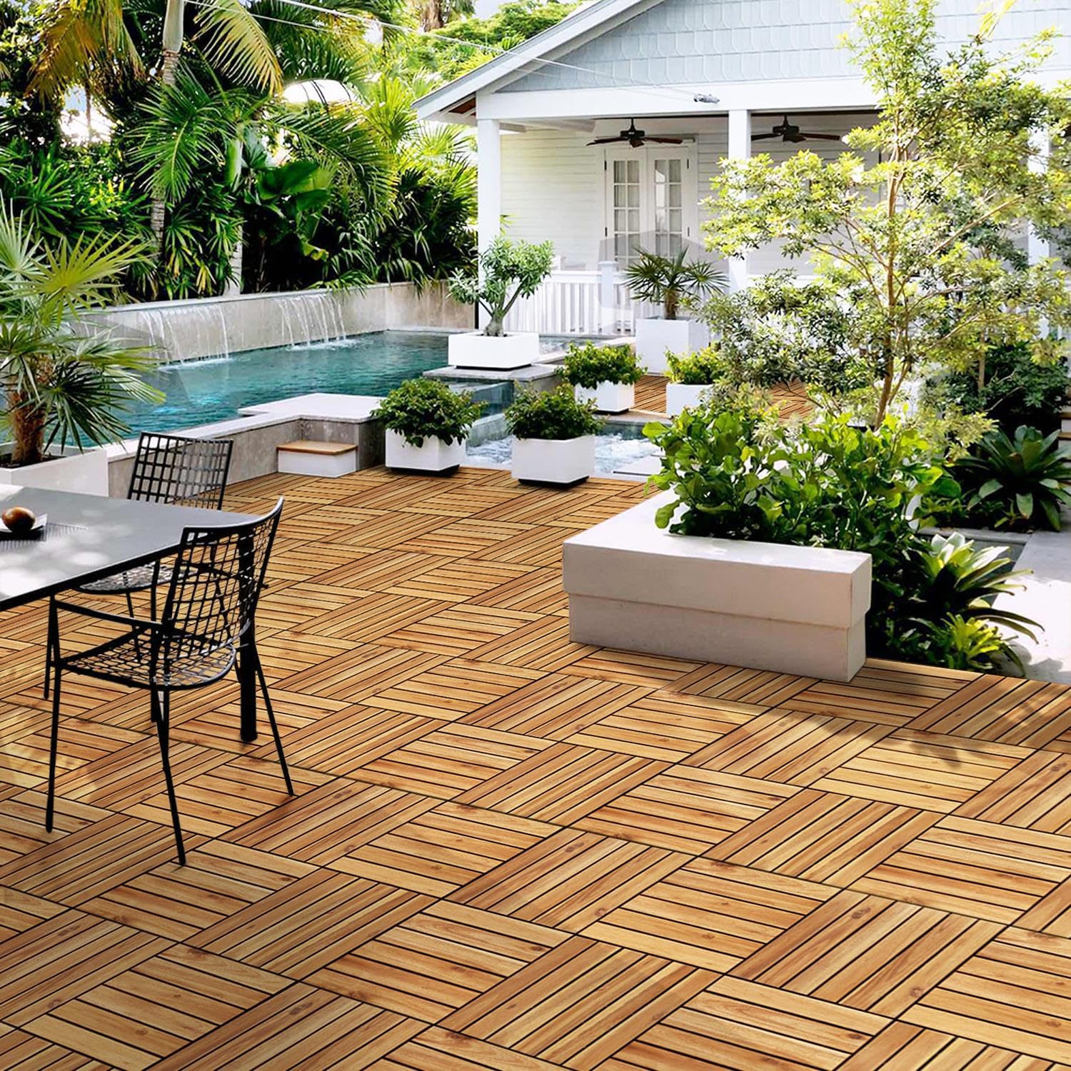 Yaheetech 108PCS Acacia Wood Interlocking Flooring Tiles Waterproof Flooring for Outdoor & Indoor Patio,Balcony,Garden,Poolside,12 × 12 in - WoodArtSupply