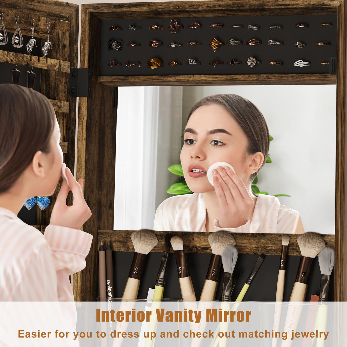 GarveeHome 360° Swivel Jewelry Cabinet, 66'' Freestanding Jewelry Armoire With Bottom Drawer, Lockable Full-Length Mirror With Rear Storage Shelves, Jewelry Armoire Organizer, Retro Brown GarveeHome