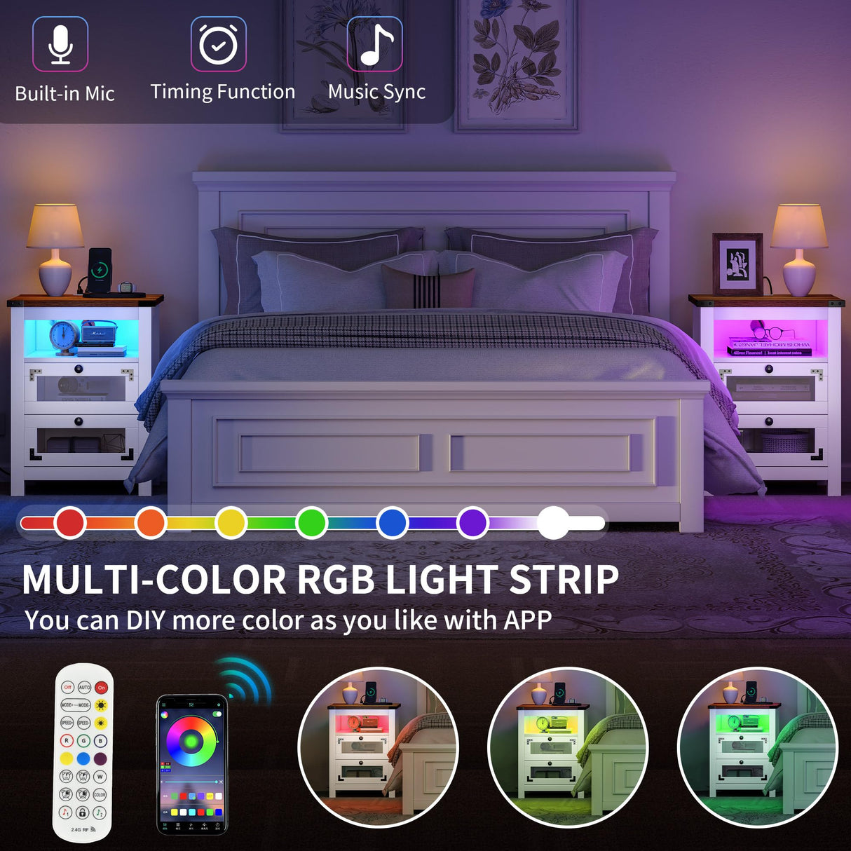 YITAHOME Farmhouse Nightstand with Charging Station, 2 Drawers Night Stand with LED Lights, Wood End Table Side Table with Storage, Walnu + White YITAHOME