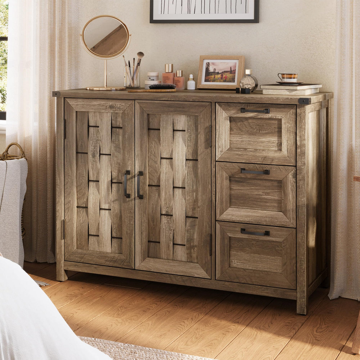 LINSY HOME Farmhouse Sideboard Buffet Cabinets, 43" W Coffee Bar Storage Cabinets with 3 Drawers and 2 Doors, Rustic Accent Cabinet for Dining Room, Kitchen, Home Bar and Living Room, Light Brown LINSY HOME