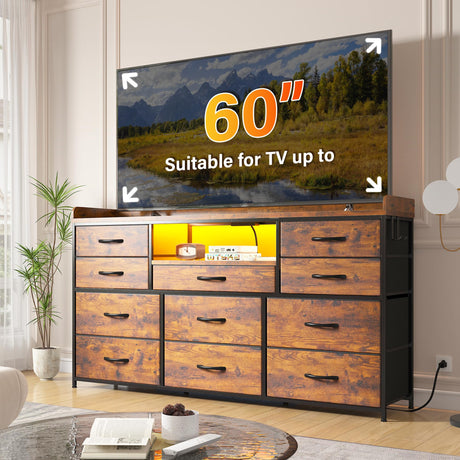 EnHomee Dresser TV Stand with 11 Drawers for 60" TV Stand for Bedroom with LED Lights & Power Outlets Long Dresser for Bedroom with Shelves & 4 Hooks, Sturdy Metal Frame & Thick Wood Top, Rustic Brown EnHomee