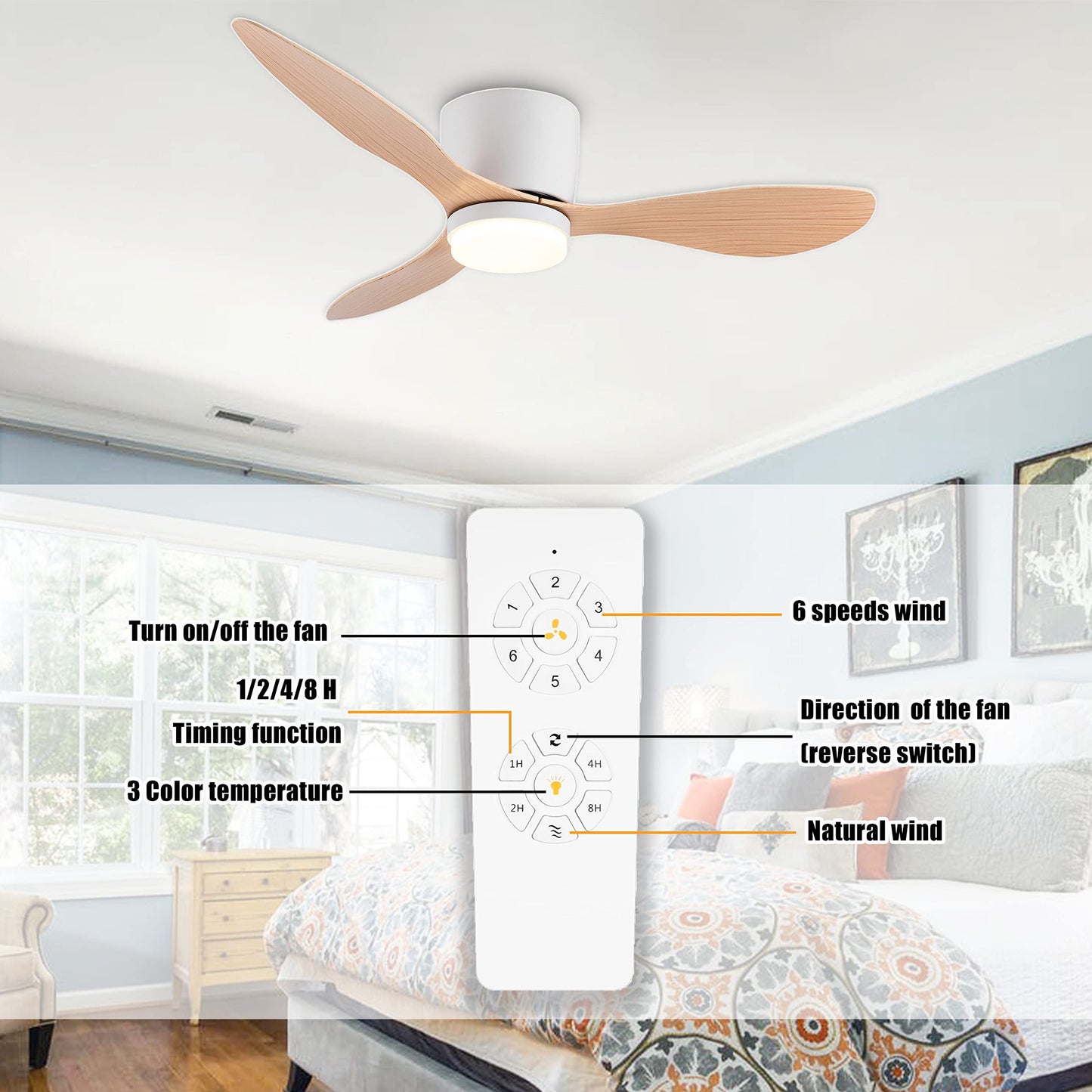 GESUM Ceiling Fan with Light, 42" Flush Mount Ceiling Fan Light with 3 Colors, 6 Speeds, Timing,Low Profile Ceiling Fan with Remote Control 3 Blades for Bedroom Dining Room (White Wood) - WoodArtSupply