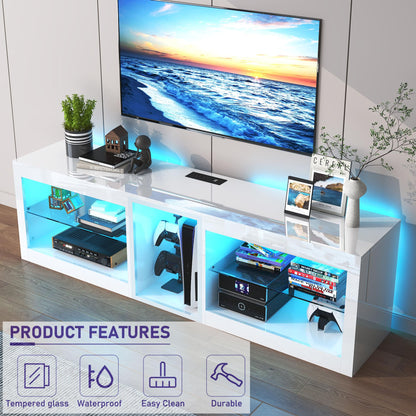 Vinctik 6&Fox High Gloss LED TV Stands w/Power Outlet,60,000-Colors Lighting for 55 60 65 70in TV,Modern White LED Entertainment Center w/Adjustable Glass Shelves for Living Room Gameroom Bedroom