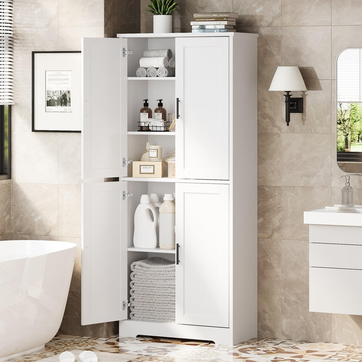 IDEALHOUSE Pantry Cabinet,70" Tall Kitchen Pantry Cabinets with 2 Doors and 3 Adjustable Shelves, Freestanding Cupboard, Modern Storage Cabinet for Bathroom, Dining Room, Living Room, White IDEALHOUSE