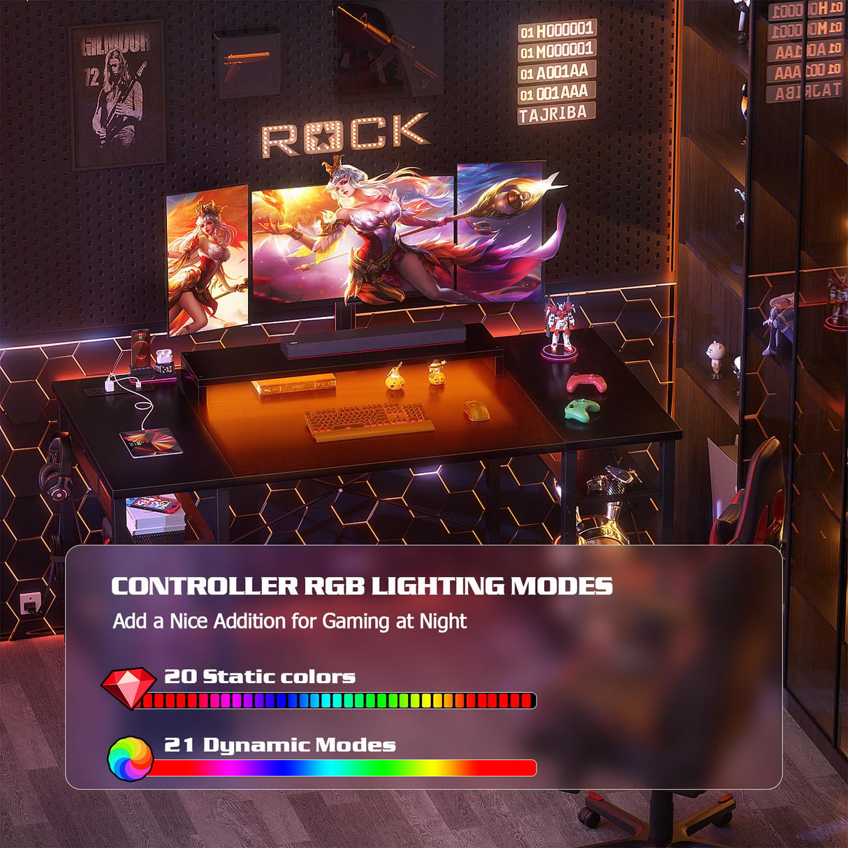 armocity Computer Desk with LED Lights, 48 Inch Reversible Large Desk with Power Outlet and USB, 48'' Gaming PC Table with Moveable Monitor Stand for Home Office, Workstation, Black armocity