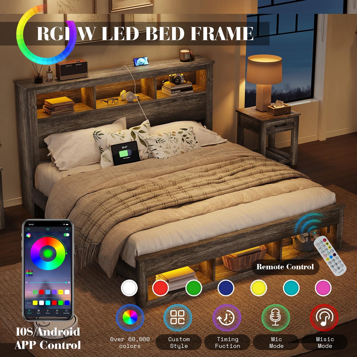 Albott Farmhouse King Size Bed Frame with Storage Bookcase Headboard and Footboard, Storage Wood Platform Bed Frame with Wood Slats Support, Noiseless LED Bed Frame, No Box Spring Needed, Gray Albott