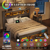 Albott Farmhouse King Size Bed Frame with Storage Bookcase Headboard and Footboard, Storage Wood Platform Bed Frame with Wood Slats Support, Noiseless LED Bed Frame, No Box Spring Needed, Gray Albott