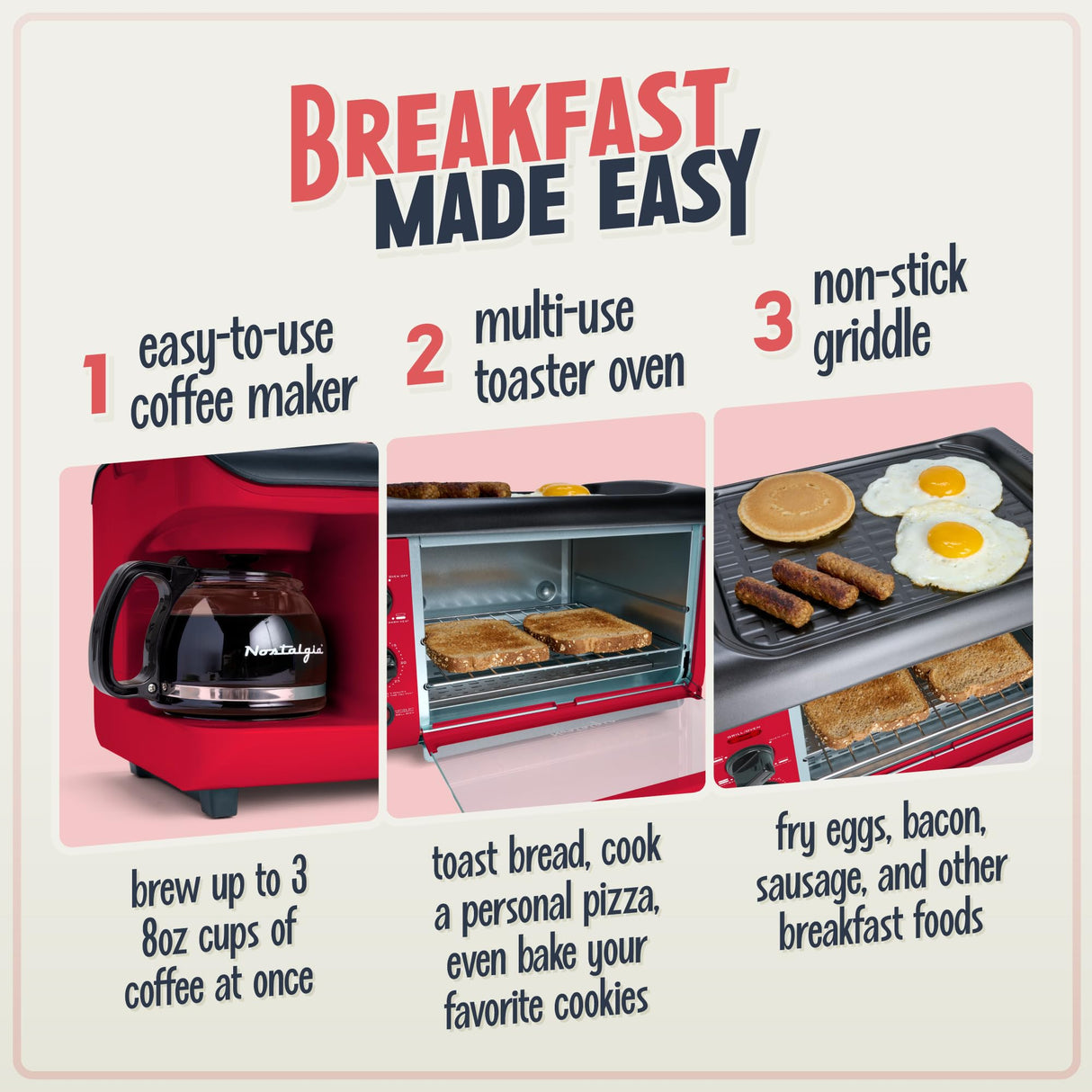 Nostalgia 3-in-1 Breakfast Station - Includes Coffee Maker, Non-Stick Griddle, and 4-Slice Toaster Oven - Versatile Breakfast Maker with Timer - Red Nostalgia
