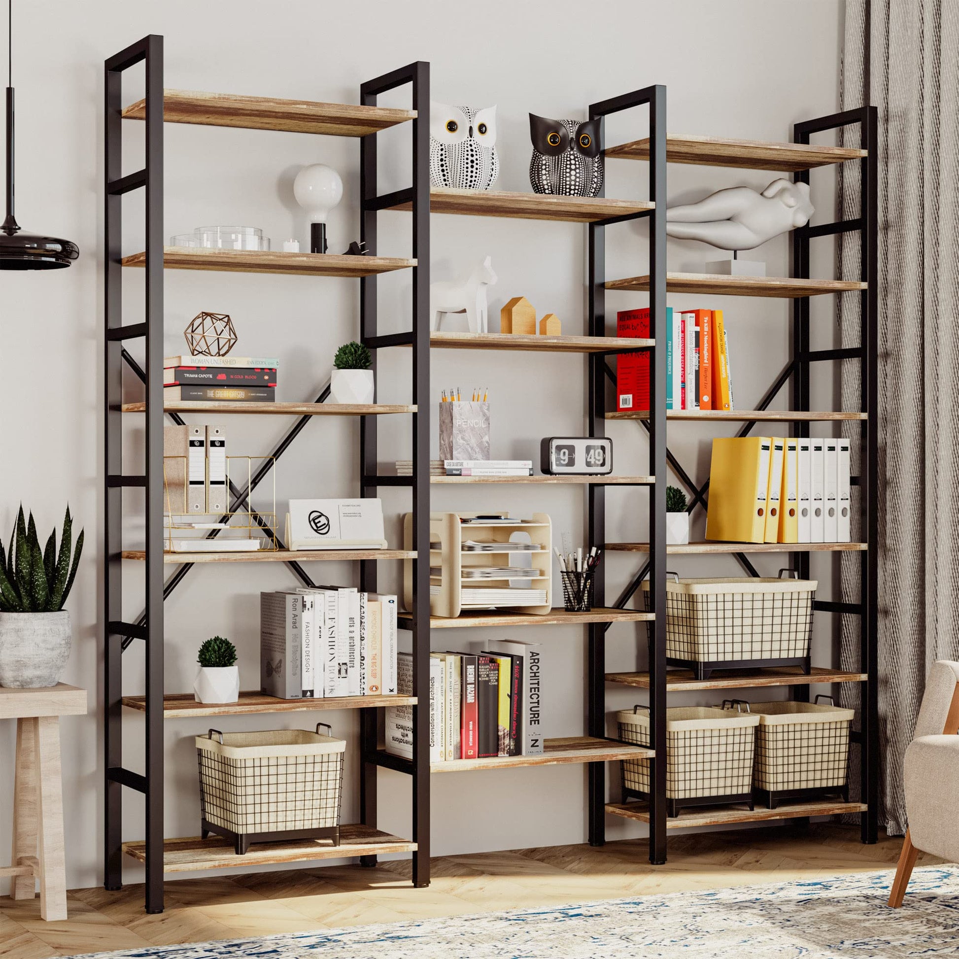 Triple Wide 6-Tier Industrial Bookshelf by IRONCK – Large Open Etagere with Metal Frame for Stylish Storage - WoodArtSupply