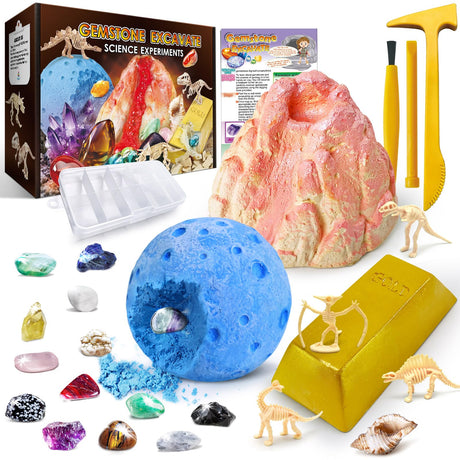 UNGLINGA Gemstone Excavation Gem Rock Dig Science Experiments Kit for Kids, Excavate 15 Gems and 4 Plastic Dinosaur Fossil Skeletons, Christmas Birthday Toys Gifts Idea for Girls and Boys UNGLINGA
