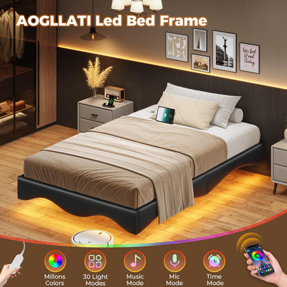 AOGLLATI Twin Floating Bed Frame with Built-in Charging Station & RGB LED Lights - Black - WoodArtSupply