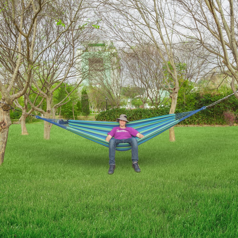 ONCLOUD Extra Long and Wide Double Hammock for Travel Camping Backyard, Porch, Outdoor or Indoor Use, Carrying Pouch Included (Blue/Green Stripes) ONCLOUD