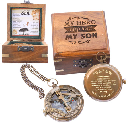 to My Son Compass - Personalized Sundial Compass with Case | Unique Gift for Son, Dad to Son Gift, Mom to Son Gift, Grandson Gift | Pocket Compass with Inspirational Engraving (Wooden Case) Khybex International