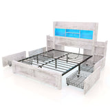 LUXOAK Full Bed Frame with 49.6" Bookcase Headboard & 2 Detachable Bedside Stoage Racks & 4 Drawers, Farmhouse Wood Bed Frame with RGB LED & Charging Station, No Box Spring Needed, Distressed White LUXOAK