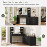 Quimoo 65.9" Vanity Desk with LED Lighted Mirror & Power Outlet, Modern Corner Makeup Vanity Table with 8 Drawers & Open Shelves, Dressing Table for Bedroom, Makeup Room Quimoo