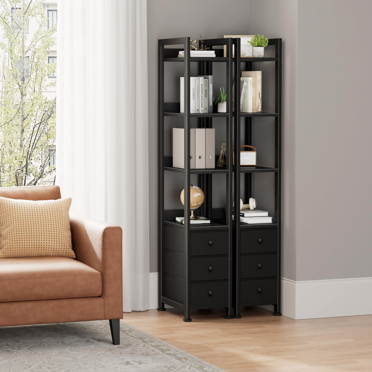 KLUVIS Black Narrow Bookshelf with 3 Drawers - 4 Tier Thin Book Shelf for Small Spaces Skinny Shelves Slim Farmhouse Fabric Drawer 60 inch Tall (04B) KLUVIS