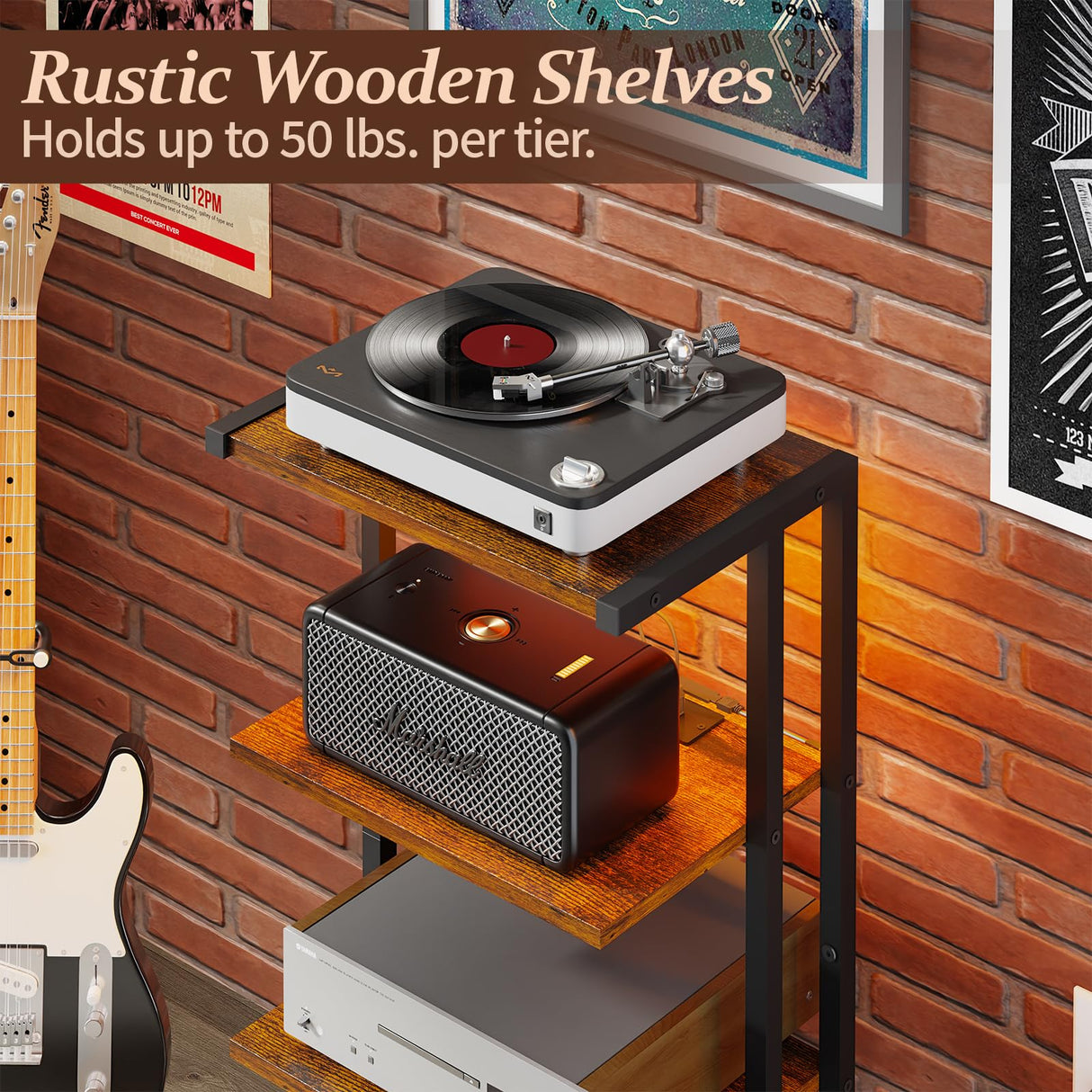 X-cosrack 4-Tier AV Media Stand with Power Strips,Wooden Corner TV Stand Shelf with LED Lights,Stereo Component Cabinet Audio Rack Stand Tower Ideal for DVD Players,Game Console TV Box,Cable Box,Xbox X-cosrack