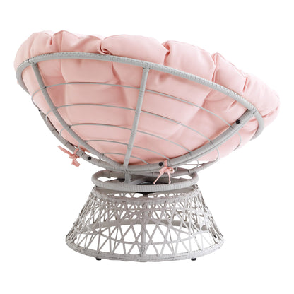 OSP Home Furnishings Wicker Papasan Chair with 360-Degree Swivel, Cream Frame with Pink Cushion