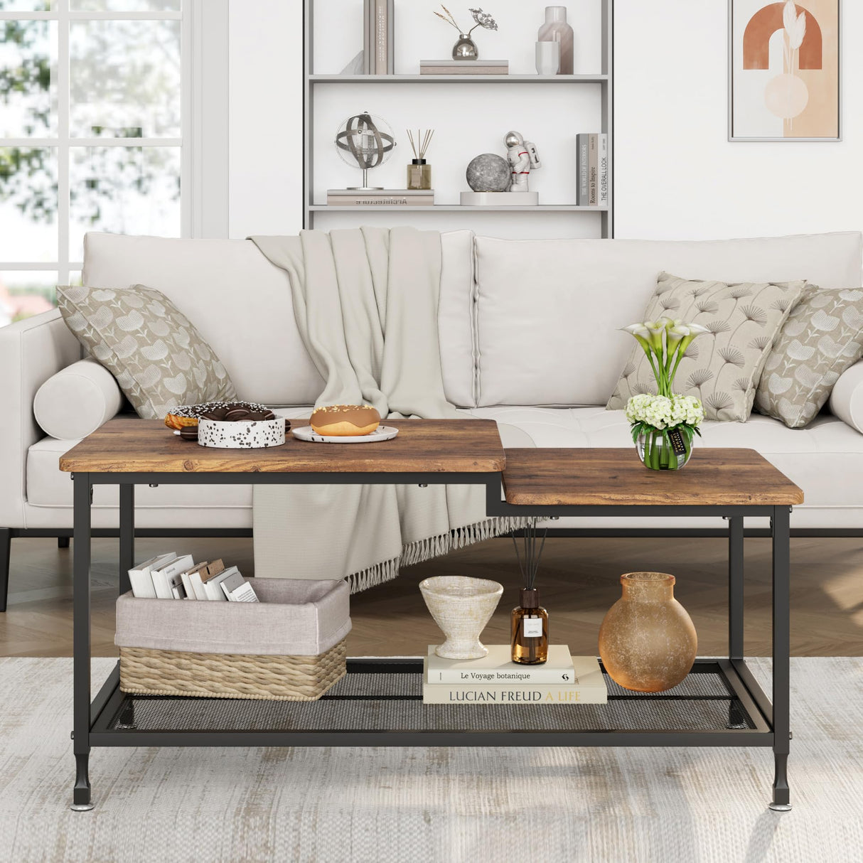 IDEALHOUSE Coffee Table Industrial Living Room Table 2-Tier Rustic Center Table with Mesh Shelf Rectangle Storage Cocktail Table Metal Frame, Easy to Assemble, Rustic Brown IDEALHOUSE