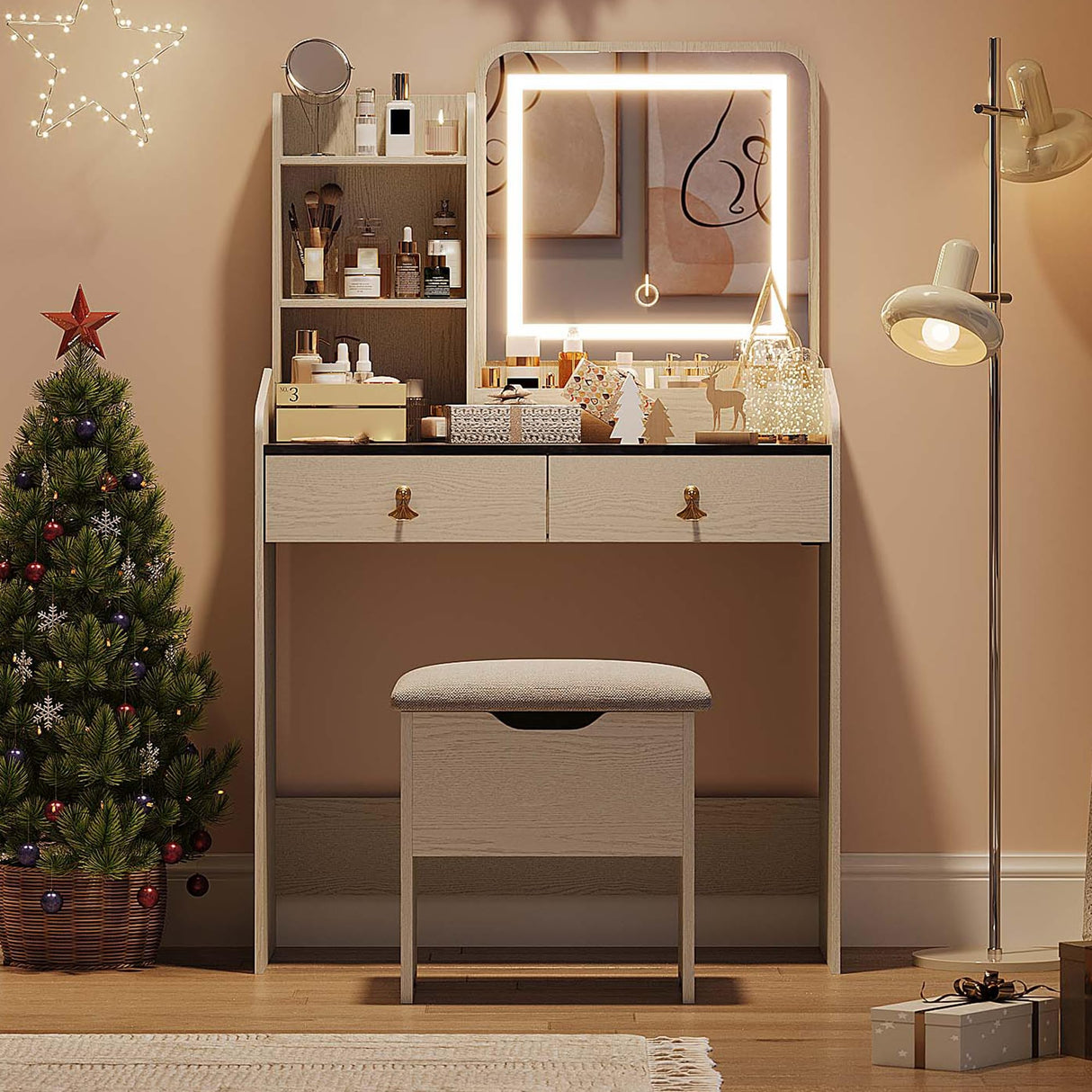 GarveeHome Vanity Desk with LED Light Mirror and Charging Station,Small Makeup Vanities Set with 2 Drawers for Girls Women with Storage Stool (White + Grey Tabletop) GarveeHome