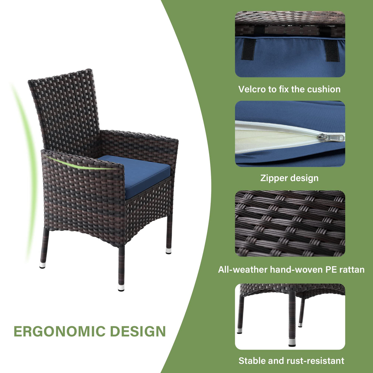 ALAULM 5 Piece Patio Dining Set All-Weather Wicker Outdoor Patio Furniture Set w/Tempered Glass Tabletop, Removable Cushions and Umbrella Hole for Patio, Backyard, Garden, Poolside（Dark Blue） ALAULM